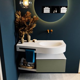 MONDIAZ RIVA 100cm badmeubel onderkast / planchet kleur Army met 1 lade. Wastafel DULCET rechts 0 kraangaten kleur Talc.