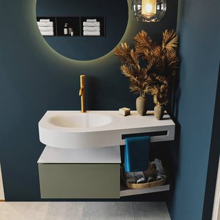 MONDIAZ RIVA 100cm badmeubel onderkast / planchet kleur Army met 1 lade. Wastafel DULCET links 1 kraangat kleur Talc.