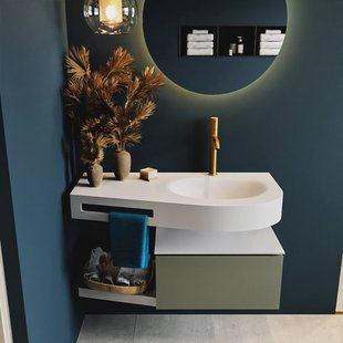 MONDIAZ RIVA 100cm badmeubel onderkast / planchet kleur Army met 1 lade. Wastafel DULCET rechts 1 kraangat kleur Talc.