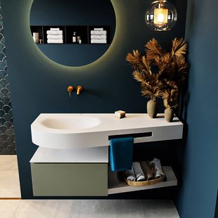 MONDIAZ RIVA 120cm badmeubel onderkast / planchet kleur Army met 1 lade. Wastafel DULCET links 0 kraangaten kleur Talc.