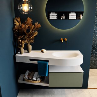 MONDIAZ RIVA 120cm badmeubel onderkast / planchet kleur Army met 1 lade. Wastafel DULCET rechts 0 kraangaten kleur Talc.