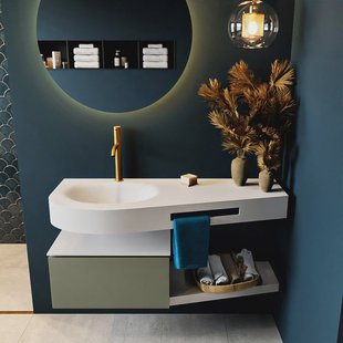 MONDIAZ RIVA 120cm badmeubel onderkast / planchet kleur Army met 1 lade. Wastafel DULCET links 1 kraangat kleur Talc.