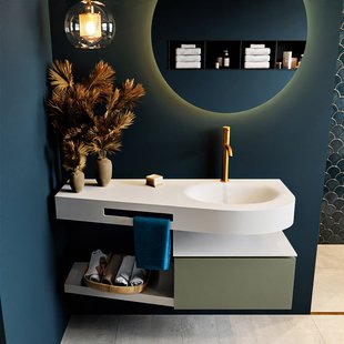 MONDIAZ RIVA 120cm badmeubel onderkast / planchet kleur Army met 1 lade. Wastafel DULCET rechts 1 kraangat kleur Talc.