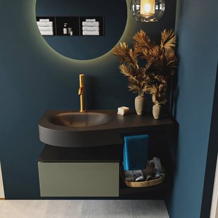 MONDIAZ RIVA 100cm badmeubel onderkast / planchet kleur Army met 1 lade. Wastafel DULCET links 1 kraangat kleur Urban.