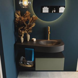 MONDIAZ RIVA 100cm badmeubel onderkast / planchet kleur Army met 1 lade. Wastafel DULCET rechts 1 kraangat kleur Urban.