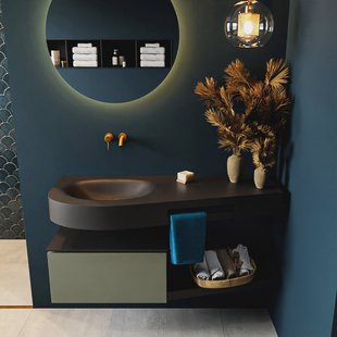 MONDIAZ RIVA 120cm badmeubel onderkast / planchet kleur Army met 1 lade. Wastafel DULCET links 0 kraangaten kleur Urban.