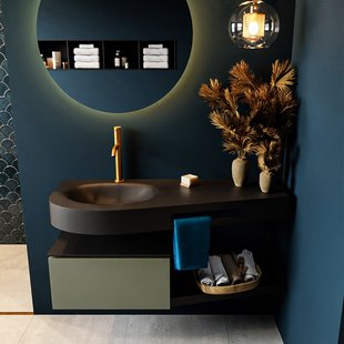 MONDIAZ RIVA 120cm badmeubel onderkast / planchet kleur Army met 1 lade. Wastafel DULCET links 1 kraangat kleur Urban.