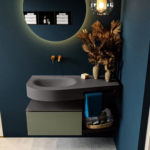 MONDIAZ RIVA 100cm badmeubel onderkast / planchet kleur Army met 1 lade. Wastafel DULCET links 0 kraangaten kleur Dark_Grey.