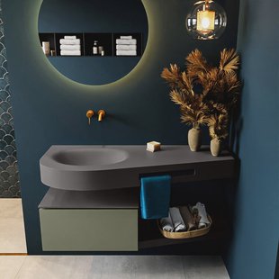 MONDIAZ RIVA 120cm badmeubel onderkast / planchet kleur Army met 1 lade. Wastafel DULCET links 0 kraangaten kleur Dark_Grey.