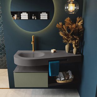 MONDIAZ RIVA 120cm badmeubel onderkast / planchet kleur Army met 1 lade. Wastafel DULCET links 1 kraangat kleur Dark_Grey.