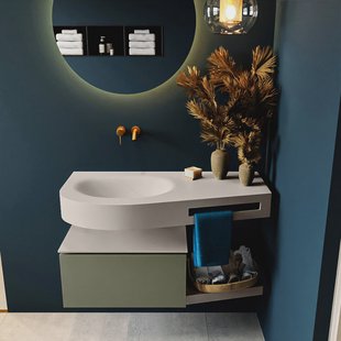 MONDIAZ RIVA 100cm badmeubel onderkast / planchet kleur Army met 1 lade. Wastafel DULCET links 0 kraangaten kleur Linen.