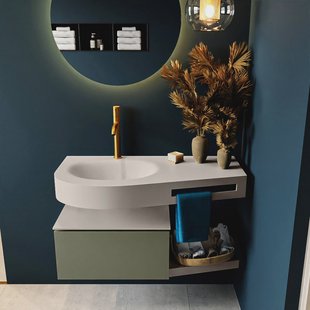 MONDIAZ RIVA 100cm badmeubel onderkast / planchet kleur Army met 1 lade. Wastafel DULCET links 1 kraangat kleur Linen.