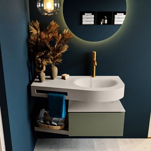 MONDIAZ RIVA 100cm badmeubel onderkast / planchet kleur Army met 1 lade. Wastafel DULCET rechts 1 kraangat kleur Linen.