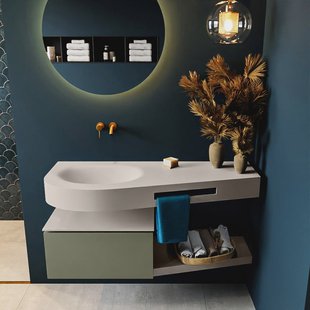 MONDIAZ RIVA 120cm badmeubel onderkast / planchet kleur Army met 1 lade. Wastafel DULCET links 0 kraangaten kleur Linen.