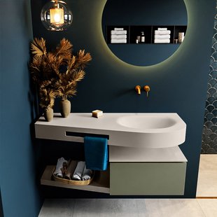 MONDIAZ RIVA 120cm badmeubel onderkast / planchet kleur Army met 1 lade. Wastafel DULCET rechts 0 kraangaten kleur Linen.