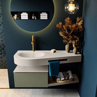 MONDIAZ RIVA 120cm badmeubel onderkast / planchet kleur Army met 1 lade. Wastafel DULCET links 1 kraangat kleur Linen.