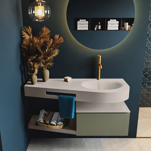 MONDIAZ RIVA 120cm badmeubel onderkast / planchet kleur Army met 1 lade. Wastafel DULCET rechts 1 kraangat kleur Linen.