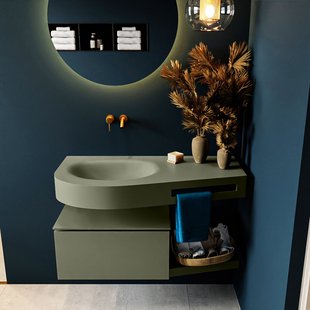 MONDIAZ RIVA 100cm badmeubel onderkast / planchet kleur Army met 1 lade. Wastafel DULCET links 0 kraangaten kleur Army.