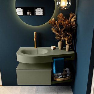 MONDIAZ RIVA 100cm badmeubel onderkast / planchet kleur Army met 1 lade. Wastafel DULCET links 1 kraangat kleur Army.