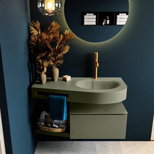 MONDIAZ RIVA 100cm badmeubel onderkast / planchet kleur Army met 1 lade. Wastafel DULCET rechts 1 kraangat kleur Army.