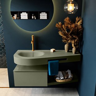 MONDIAZ RIVA 120cm badmeubel onderkast / planchet kleur Army met 1 lade. Wastafel DULCET links 1 kraangat kleur Army.