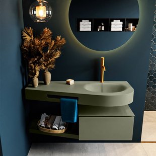 MONDIAZ RIVA 120cm badmeubel onderkast / planchet kleur Army met 1 lade. Wastafel DULCET rechts 1 kraangat kleur Army.