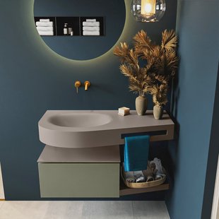 MONDIAZ RIVA 100cm badmeubel onderkast / planchet kleur Army met 1 lade. Wastafel DULCET links 0 kraangaten kleur Smoke.