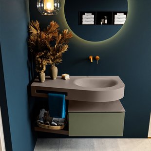 MONDIAZ RIVA 100cm badmeubel onderkast / planchet kleur Army met 1 lade. Wastafel DULCET rechts 0 kraangaten kleur Smoke.