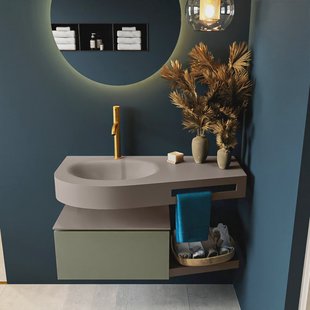 MONDIAZ RIVA 100cm badmeubel onderkast / planchet kleur Army met 1 lade. Wastafel DULCET links 1 kraangat kleur Smoke.