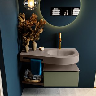 MONDIAZ RIVA 100cm badmeubel onderkast / planchet kleur Army met 1 lade. Wastafel DULCET rechts 1 kraangat kleur Smoke.