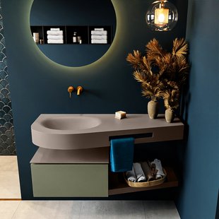 MONDIAZ RIVA 120cm badmeubel onderkast / planchet kleur Army met 1 lade. Wastafel DULCET links 0 kraangaten kleur Smoke.