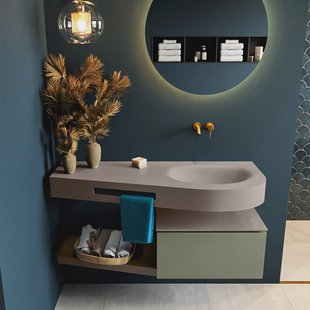 MONDIAZ RIVA 120cm badmeubel onderkast / planchet kleur Army met 1 lade. Wastafel DULCET rechts 0 kraangaten kleur Smoke.