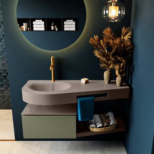 MONDIAZ RIVA 120cm badmeubel onderkast / planchet kleur Army met 1 lade. Wastafel DULCET links 1 kraangat kleur Smoke.