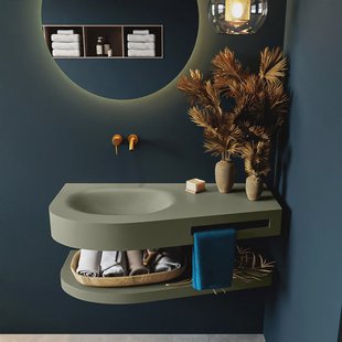 MONDIAZ RIVA 100cm Wastafel met planchet kleur Army. Wastafel DULCET links 0 kraangaten kleur Army.