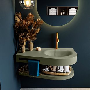 MONDIAZ RIVA 100cm Wastafel met planchet kleur Army. Wastafel DULCET rechts 1 kraangaten kleur Army.