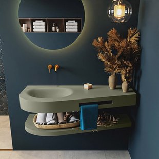 MONDIAZ RIVA 120cm Wastafel met planchet kleur Army. Wastafel DULCET links 0 kraangaten kleur Army.