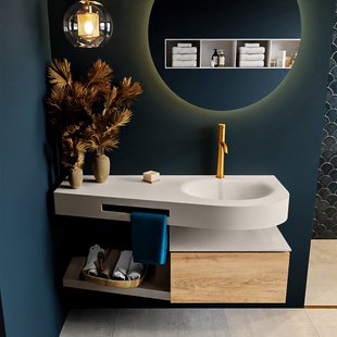 MONDIAZ RIVA 120cm badmeubel onderkast / planchet kleur Washed_Oak met 1 lade. Wastafel DULCET rechts 1 kraangat kleur Linen.