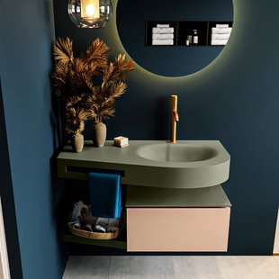 MONDIAZ RIVA 100cm badmeubel onderkast / planchet kleur Rosee met 1 lade. Wastafel DULCET rechts 1 kraangat kleur Army.