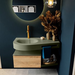 MONDIAZ RIVA 100cm badmeubel onderkast / planchet kleur Washed_Oak met 1 lade. Wastafel DULCET links 1 kraangat kleur Army.