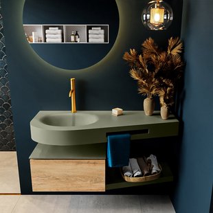 MONDIAZ RIVA 120cm badmeubel onderkast / planchet kleur Washed_Oak met 1 lade. Wastafel DULCET links 1 kraangat kleur Army.