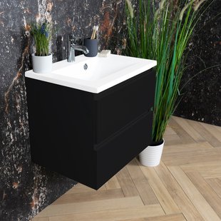 ACTIE BWS Badmeubel | Paris | Mat Zwart 60 cm | Mat Wit Wastafel | 1 Kraangat