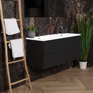 ACTIE BWS Badmeubel | Paris | Mat Zwart 120 cm | Mat Wit Wastafel | 2 Kraangaten