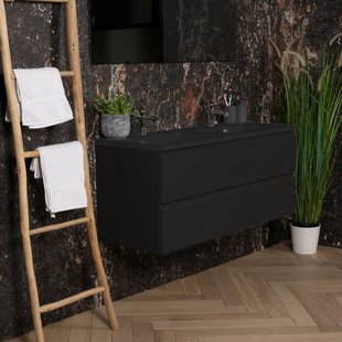 ACTIE BWS Badmeubel | Paris | Mat Zwart 120 cm | Mat Zwart Wastafel | 2 Kraangaten