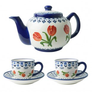 Theepot oranje tulp met 2 kop en schotel
