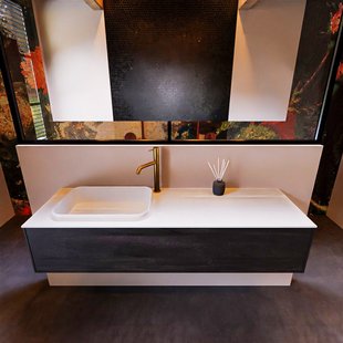 Badkamermeubelset Mondiaz Erin 150 cm met 1 Lade met RIDGE Wastafel Links Talc met 1 kraangat Greeploos Mat Antracite