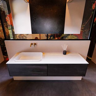 Badkamermeubelset Mondiaz Erin 150 cm met 2 Lades met RIDGE Wastafel Links Talc Zonder Kraangaten Greeploos Mat Dark Brown