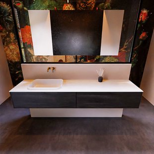 Badkamermeubelset Mondiaz Erin 200 cm met 2 Lades met RIDGE Wastafel Links Talc Zonder Kraangaten Greeploos Mat Dark Brown