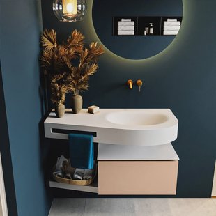 MONDIAZ RIVA 100cm badmeubel onderkast / planchet kleur Rosee met 1 lade. Wastafel DULCET rechts 0 kraangaten kleur Talc.