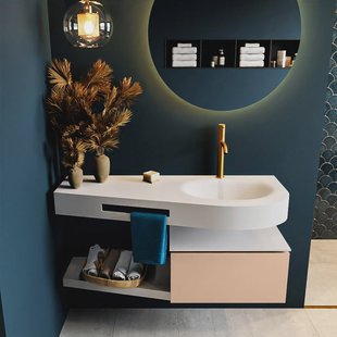 MONDIAZ RIVA 120cm badmeubel onderkast / planchet kleur Rosee met 1 lade. Wastafel DULCET rechts 1 kraangat kleur Talc.