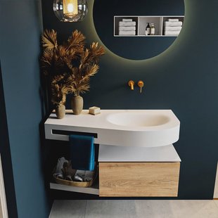 MONDIAZ RIVA 100cm badmeubel onderkast / planchet kleur Washed_Oak met 1 lade. Wastafel DULCET rechts 0 kraangaten kleur Talc.